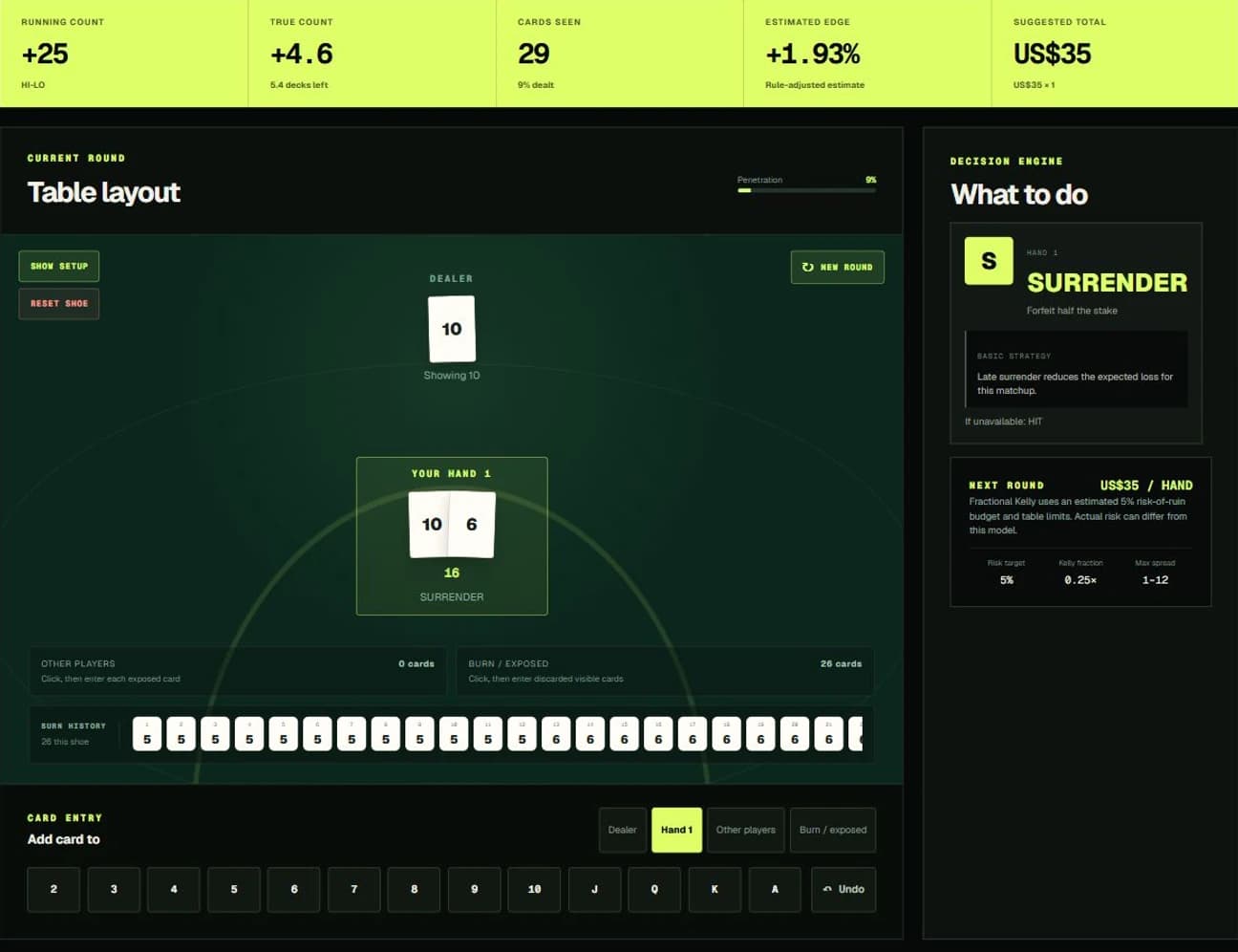 Actual blackjack workspace showing count, estimated edge, a surrender recommendation and a bankroll-capped stake